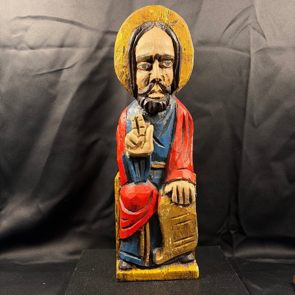 Vintage Hand Carved Wood Santo Figurine Hand Painted Religious Folk Art 12in